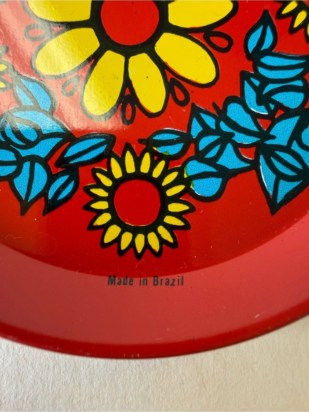 Vintage Set of 6 MCM Metal Floral Coasters in Red Yellow and Blue Made in Brazil